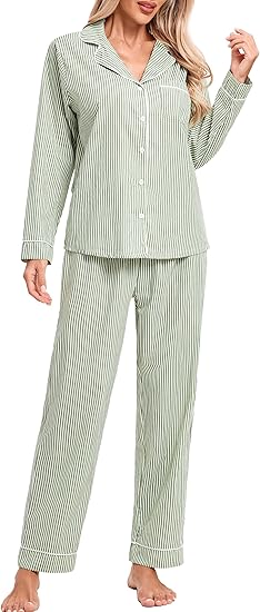 LUBOT 100% Cotton Pajamas for Women 2 Piece PJ Set Woven Poplin Ladies Button Down Long Sleeve Printed Sleepwear
