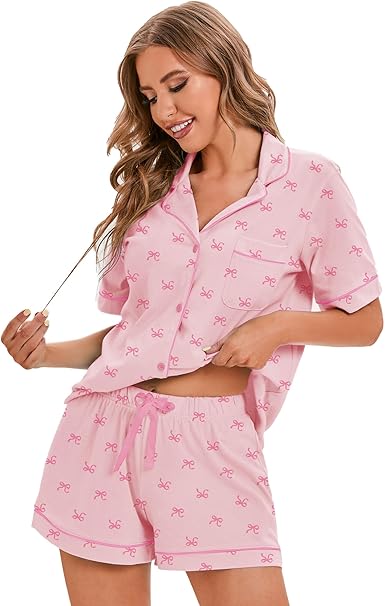 LUBOT 100% Cotton Pajamas for Women 2 Piece PJ Set Button-Down Soft Printed Knit Short Sleeve