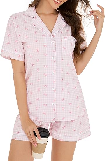 LUBOT 100% Cotton Pajamas for Women 2 Piece PJ Set Woven Poplin Ladies Button Down Short Sleeve Summer Sleepwear