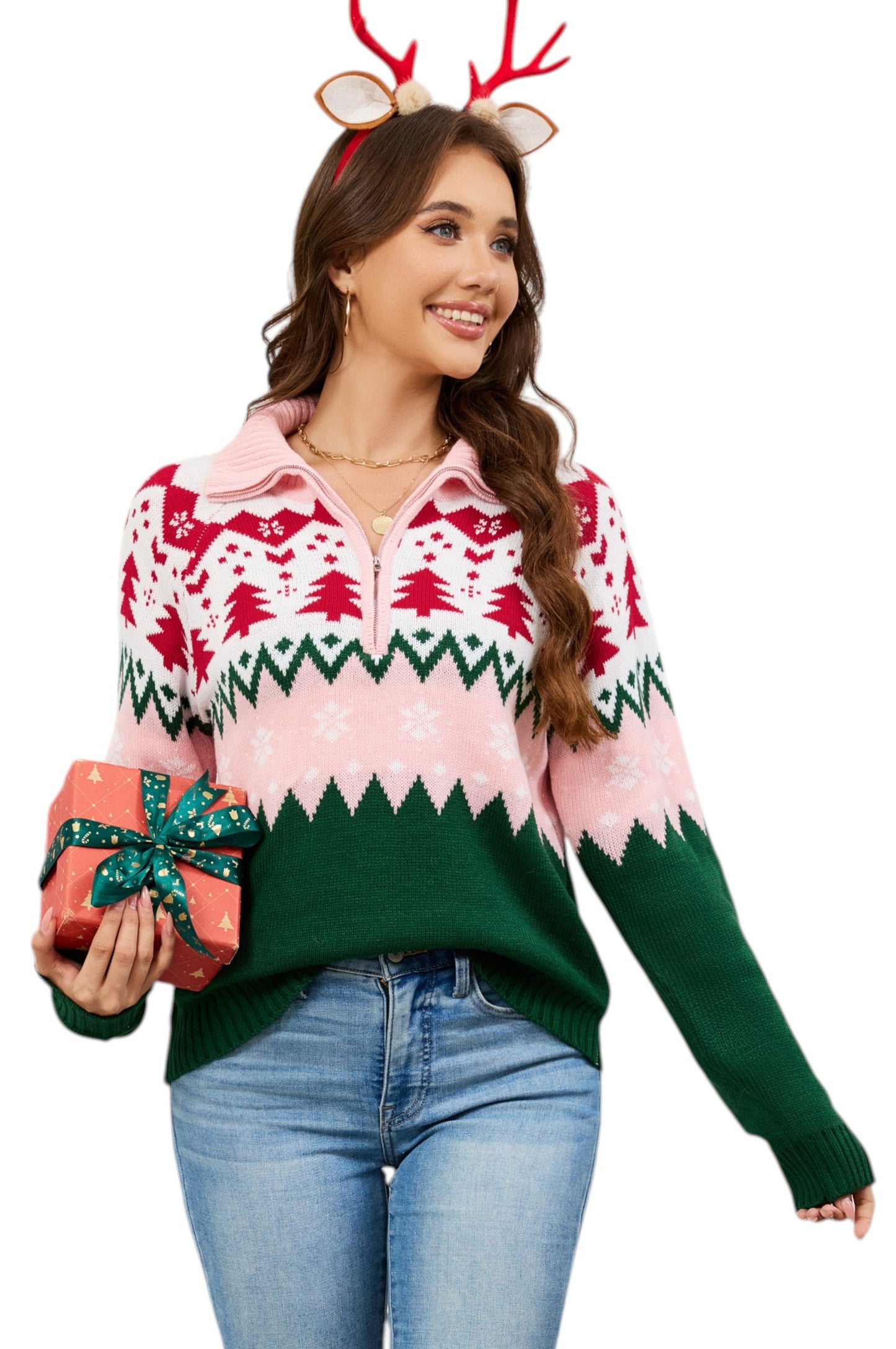 LUBOT Quarter Zip Ugly Christmas Sweater for Women 1/4 Zipper Cute Funny Tacky Holiday Parties Knitted Pullover Soft Cozy Xmas Sweaters,Pink Tree