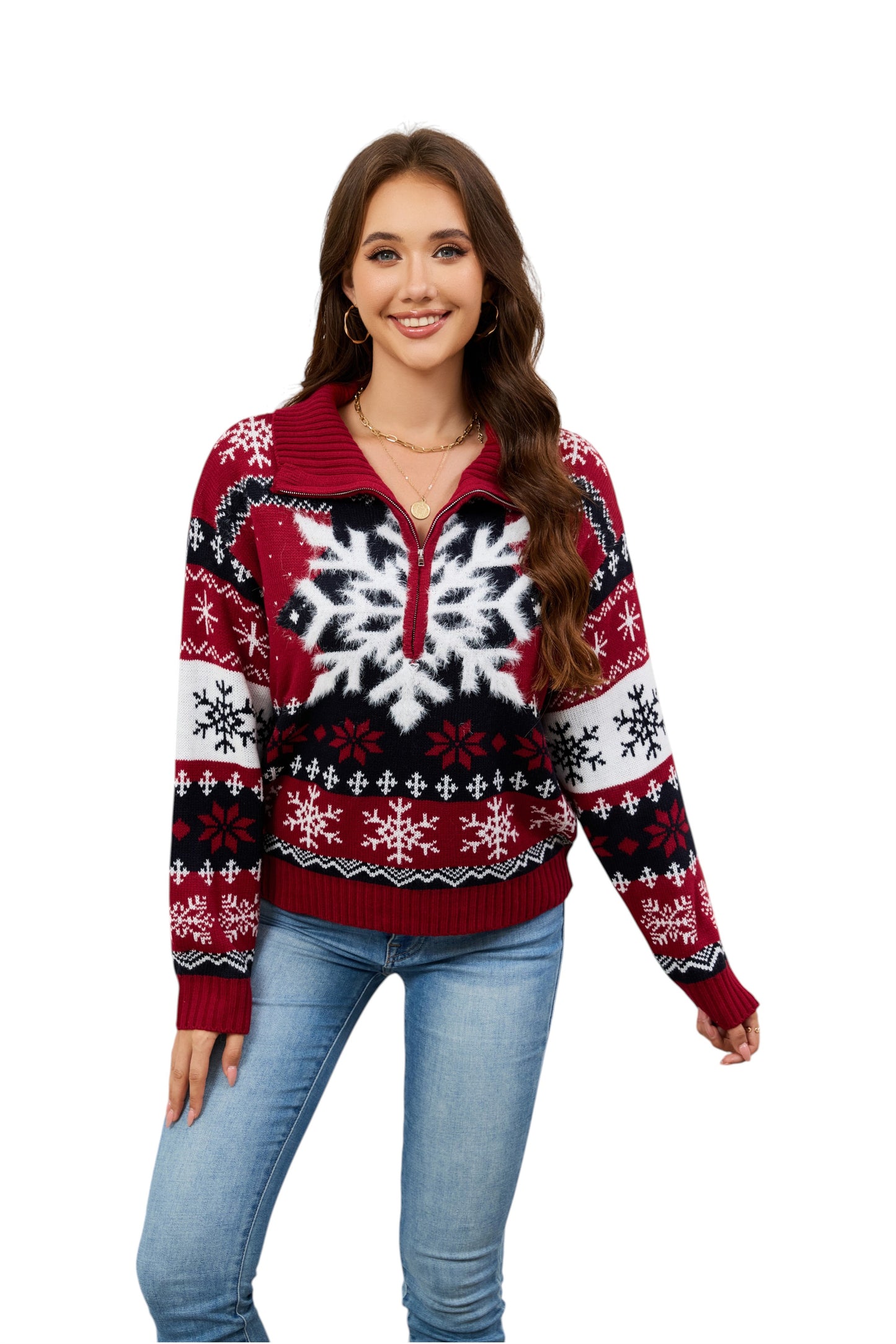 LUBOT Quarter Zip Ugly Christmas Sweater for Women 1/4 Zipper Cute Funny Tacky Holiday Parties Knitted Pullover Soft Cozy Xmas Sweaters, Blue Snowflake