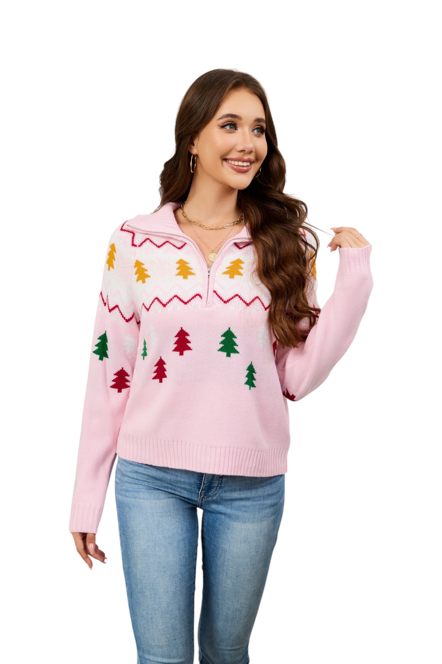 LUBOT Quarter Zip Ugly Christmas Sweater for Women 1/4 Zipper Cute Funny Tacky Holiday Parties Knitted Pullover Soft Cozy Xmas Sweaters, Navy Blue Tree