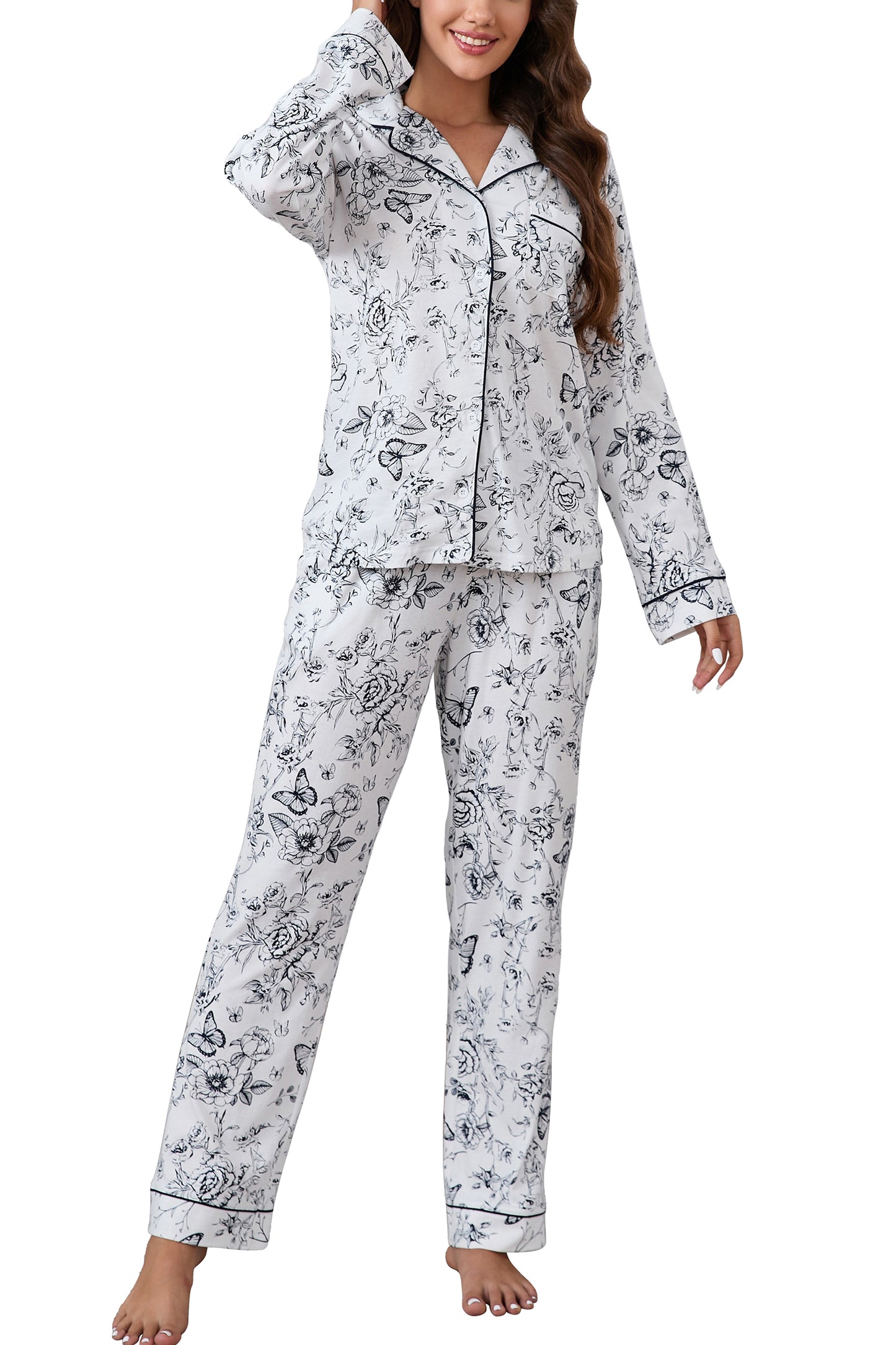 LUBOT 2025 100% Cotton Pajamas for Women PJ Set Soft Button 2 Piece Ladies Printed Knit Long Sleeve
