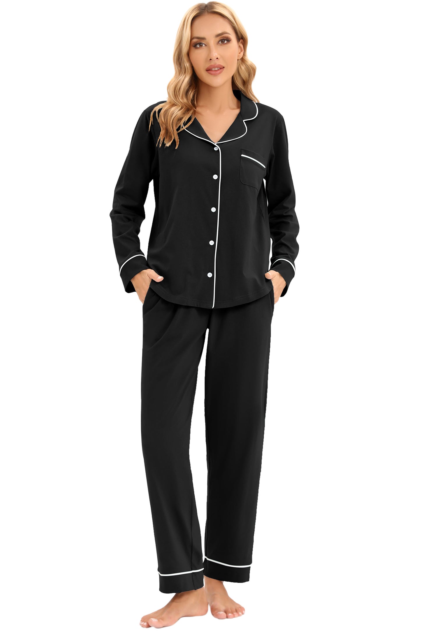 LUBOT 100% Cotton Pajamas for Women PJ Set Soft Button-Down 2 Piece Set Knitted Long Sleeve