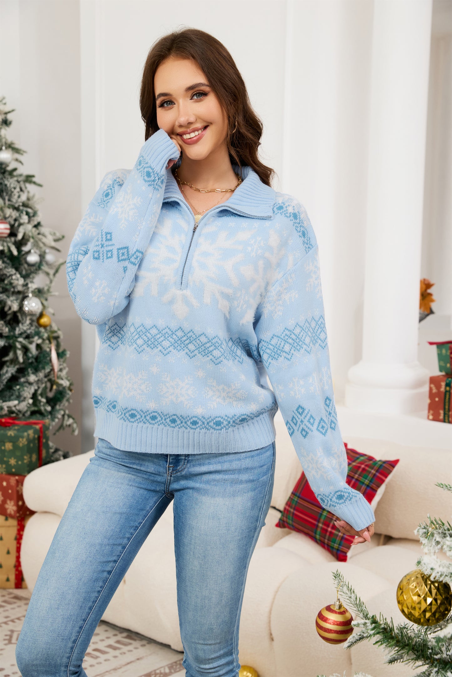 LUBOT Quarter Zip Ugly Christmas Sweater for Women 1/4 Zipper Cute Funny Tacky Holiday Parties Knitted Pullover Soft Cozy Xmas Sweaters, Red Snowflake