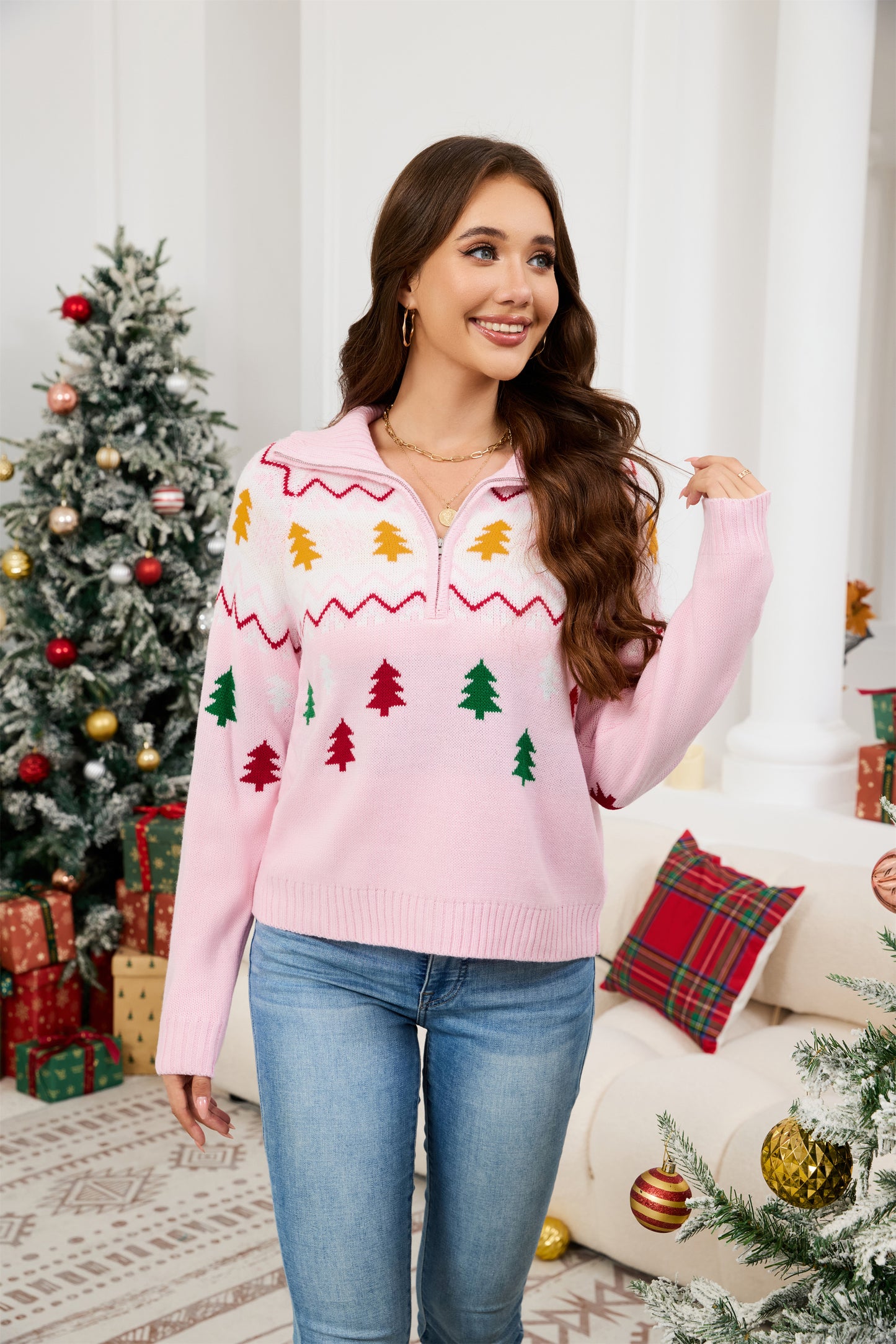 LUBOT Quarter Zip Ugly Christmas Sweater for Women 1/4 Zipper Cute Funny Tacky Holiday Parties Knitted Pullover Soft Cozy Xmas Sweaters, Navy Blue Tree
