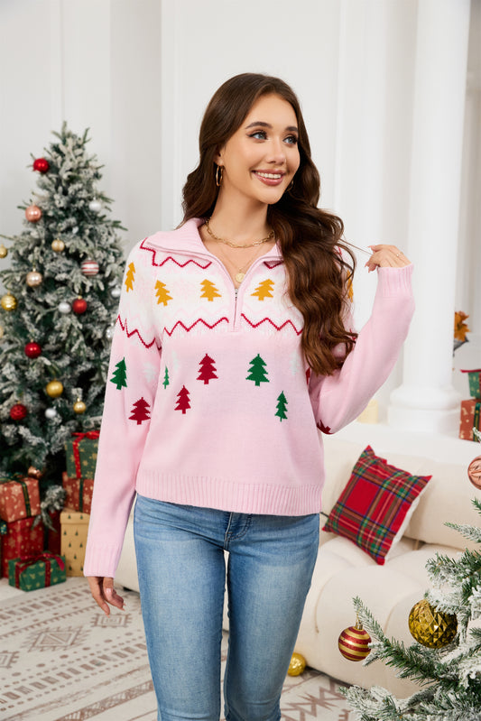 LUBOT Quarter Zip Ugly Christmas Sweater for Women 1/4 Zipper Cute Funny Tacky Holiday Parties Knitted Pullover Soft Cozy Xmas Sweaters, Navy Blue Tree
