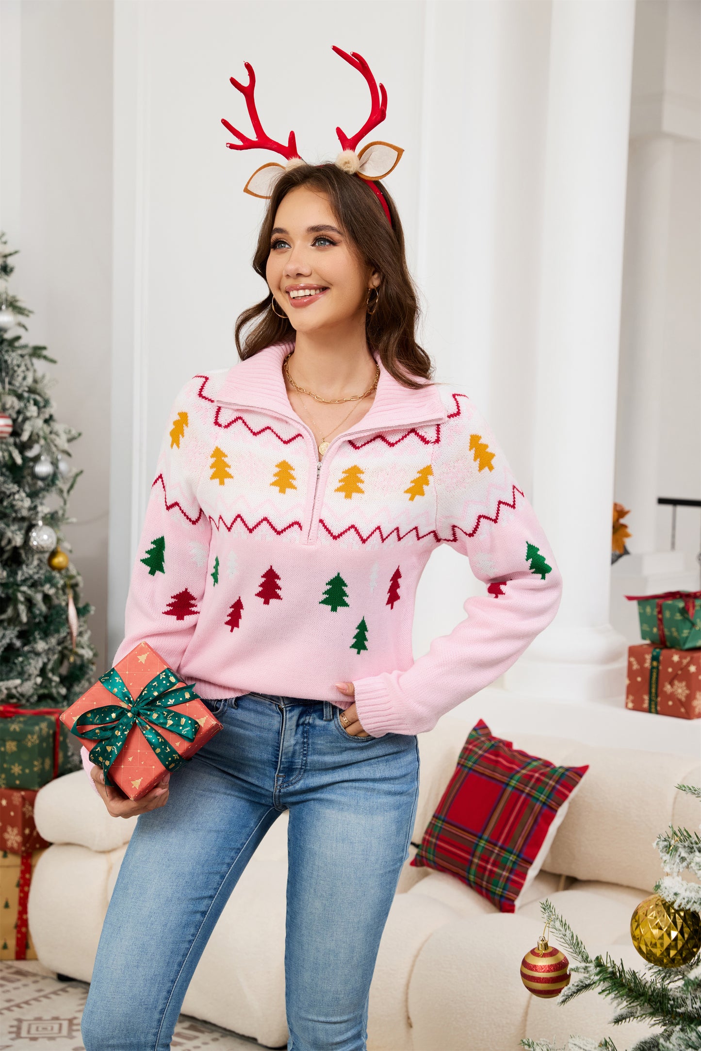 LUBOT Quarter Zip Ugly Christmas Sweater for Women 1/4 Zipper Cute Funny Tacky Holiday Parties Knitted Pullover Soft Cozy Xmas Sweaters, Navy Blue Tree