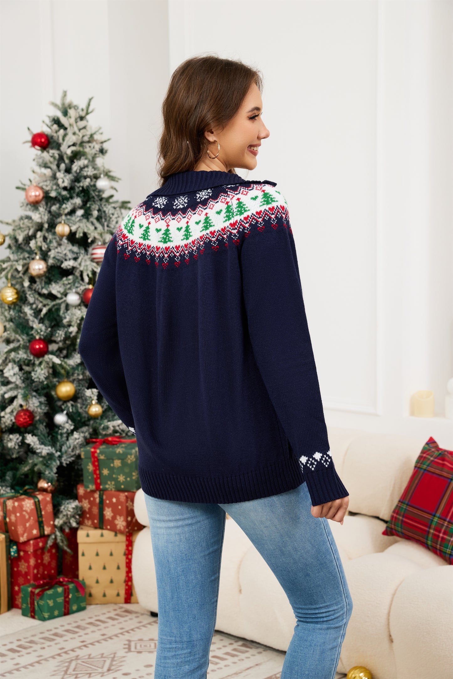 LUBOT Quarter Zip Ugly Christmas Sweater for Women 1/4 Zipper Cute Funny Tacky Holiday Parties Knitted Pullover Soft Cozy Xmas Sweaters, Pink Tree