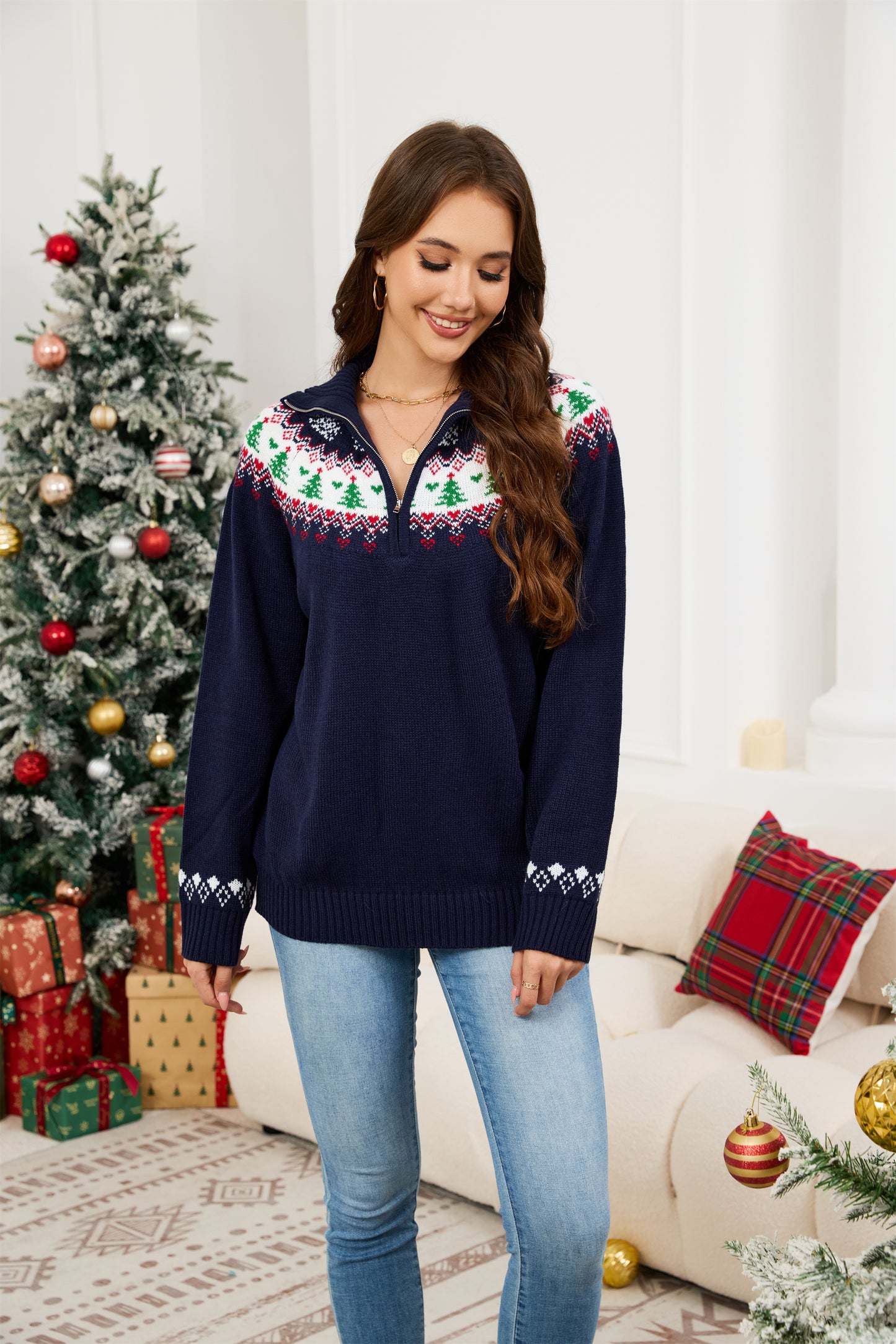 LUBOT Quarter Zip Ugly Christmas Sweater for Women 1/4 Zipper Cute Funny Tacky Holiday Parties Knitted Pullover Soft Cozy Xmas Sweaters, Pink Tree