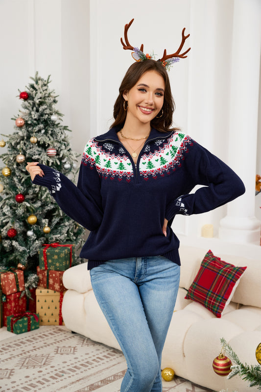 LUBOT Quarter Zip Ugly Christmas Sweater for Women 1/4 Zipper Cute Funny Tacky Holiday Parties Knitted Pullover Soft Cozy Xmas Sweaters, Pink Tree