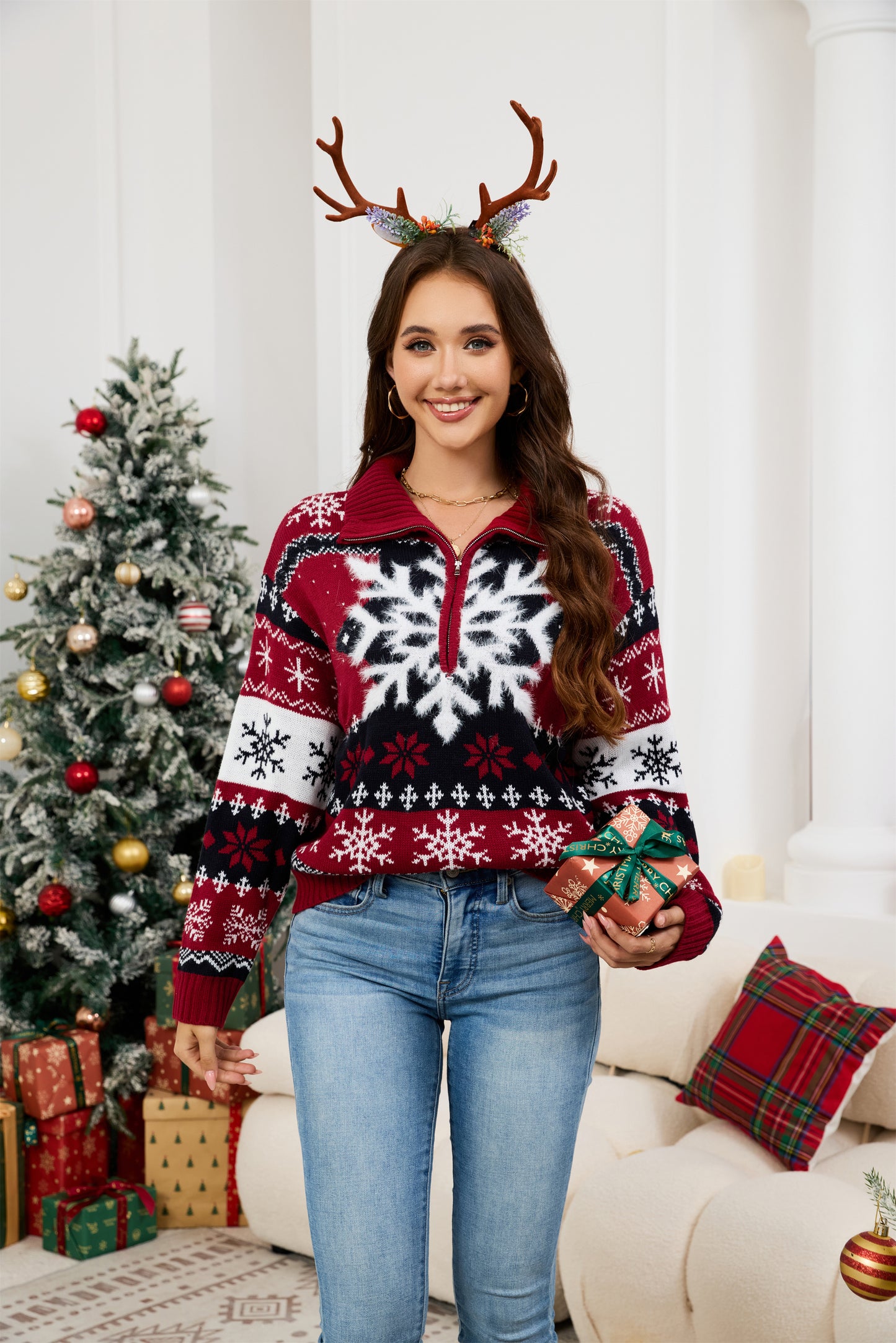 LUBOT Quarter Zip Ugly Christmas Sweater for Women 1/4 Zipper Cute Funny Tacky Holiday Parties Knitted Pullover Soft Cozy Xmas Sweaters, Blue Snowflake
