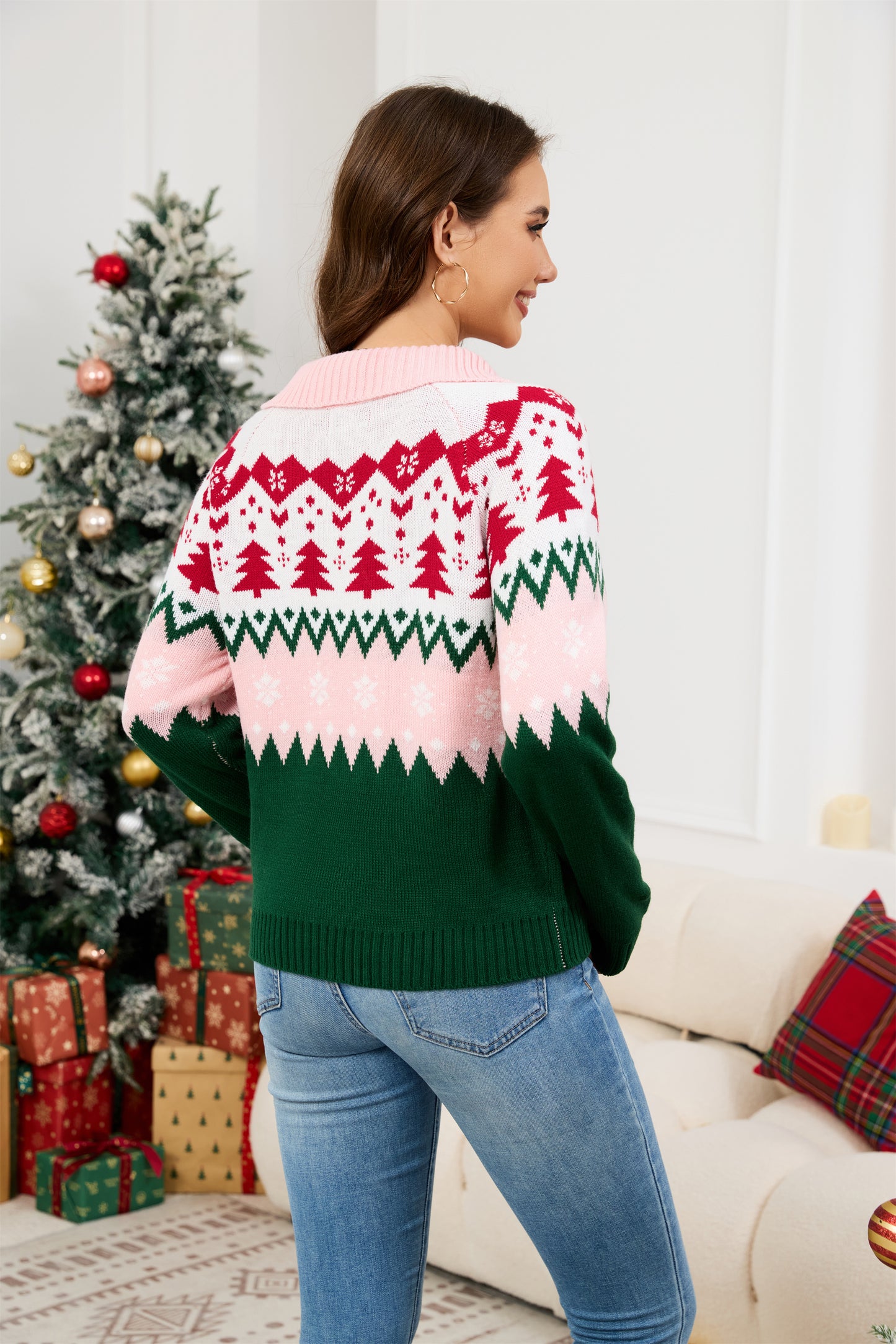 LUBOT Quarter Zip Ugly Christmas Sweater for Women 1/4 Zipper Cute Funny Tacky Holiday Parties Knitted Pullover Soft Cozy Xmas Sweaters,Pink Tree