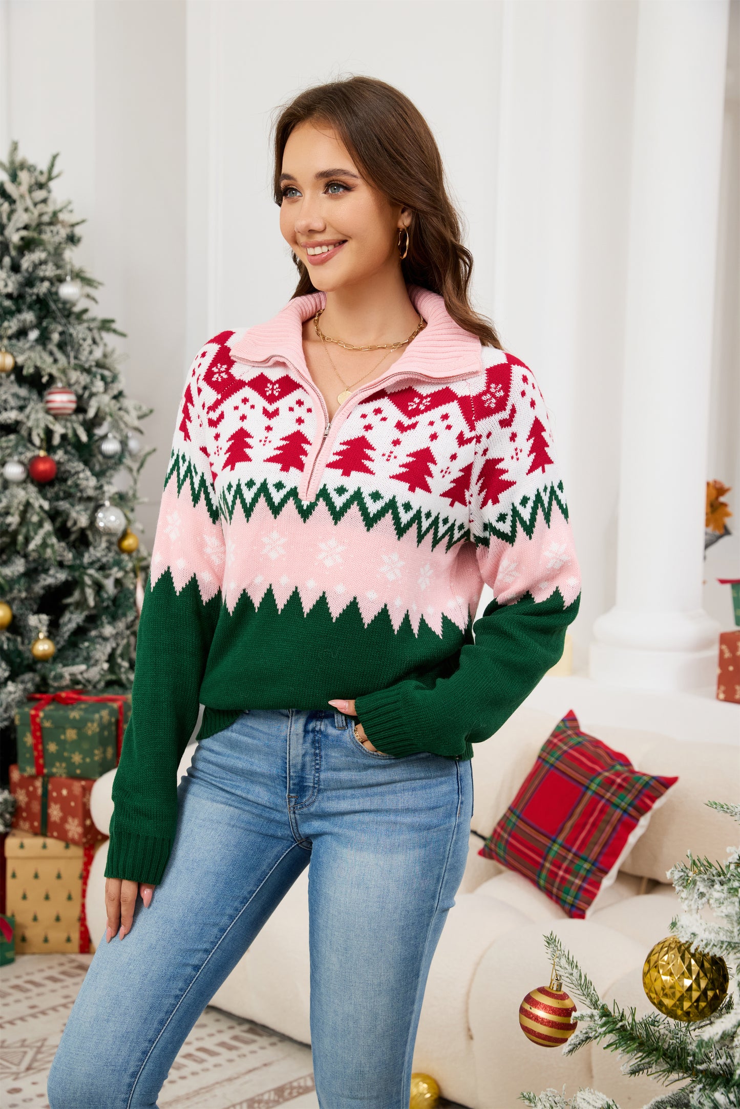 LUBOT Quarter Zip Ugly Christmas Sweater for Women 1/4 Zipper Cute Funny Tacky Holiday Parties Knitted Pullover Soft Cozy Xmas Sweaters,Pink Tree
