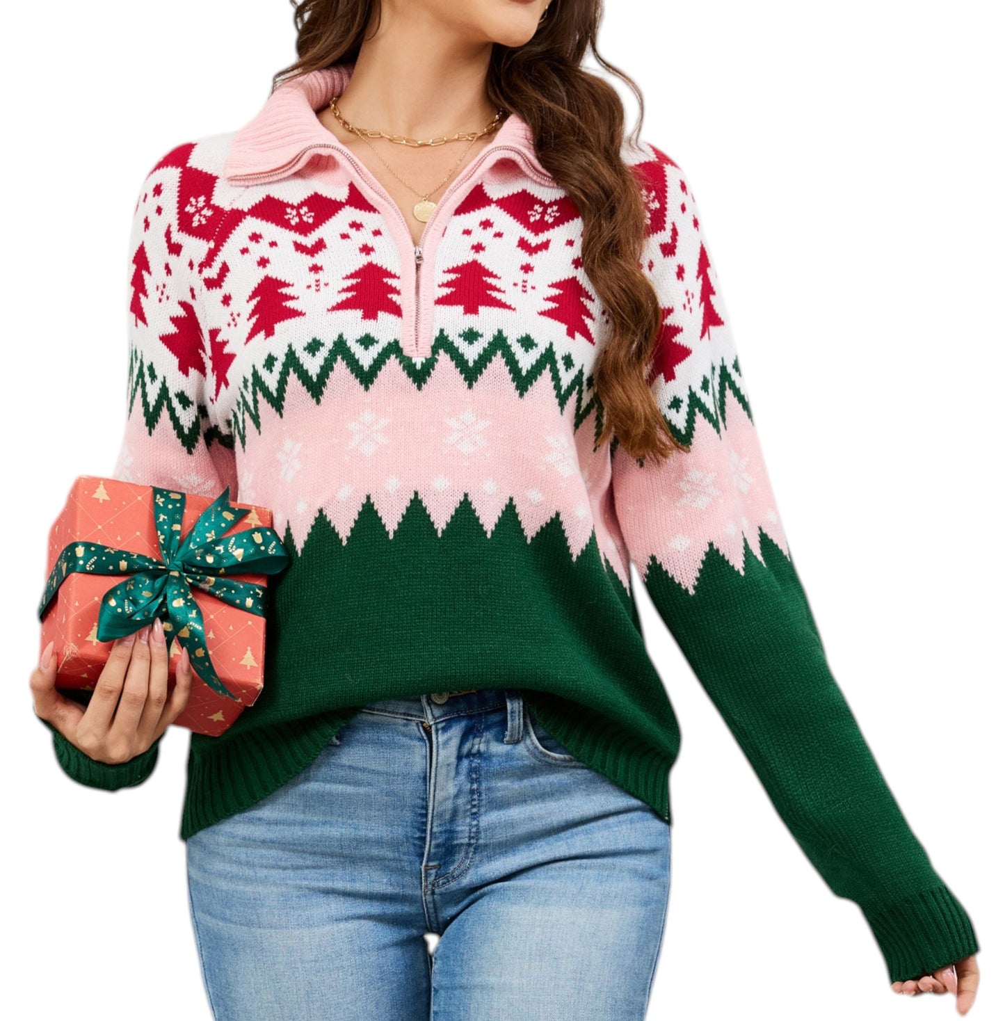 LUBOT Quarter Zip Ugly Christmas Sweater for Women 1/4 Zipper Cute Funny Tacky Holiday Parties Knitted Pullover Soft Cozy Xmas Sweaters,Pink Tree