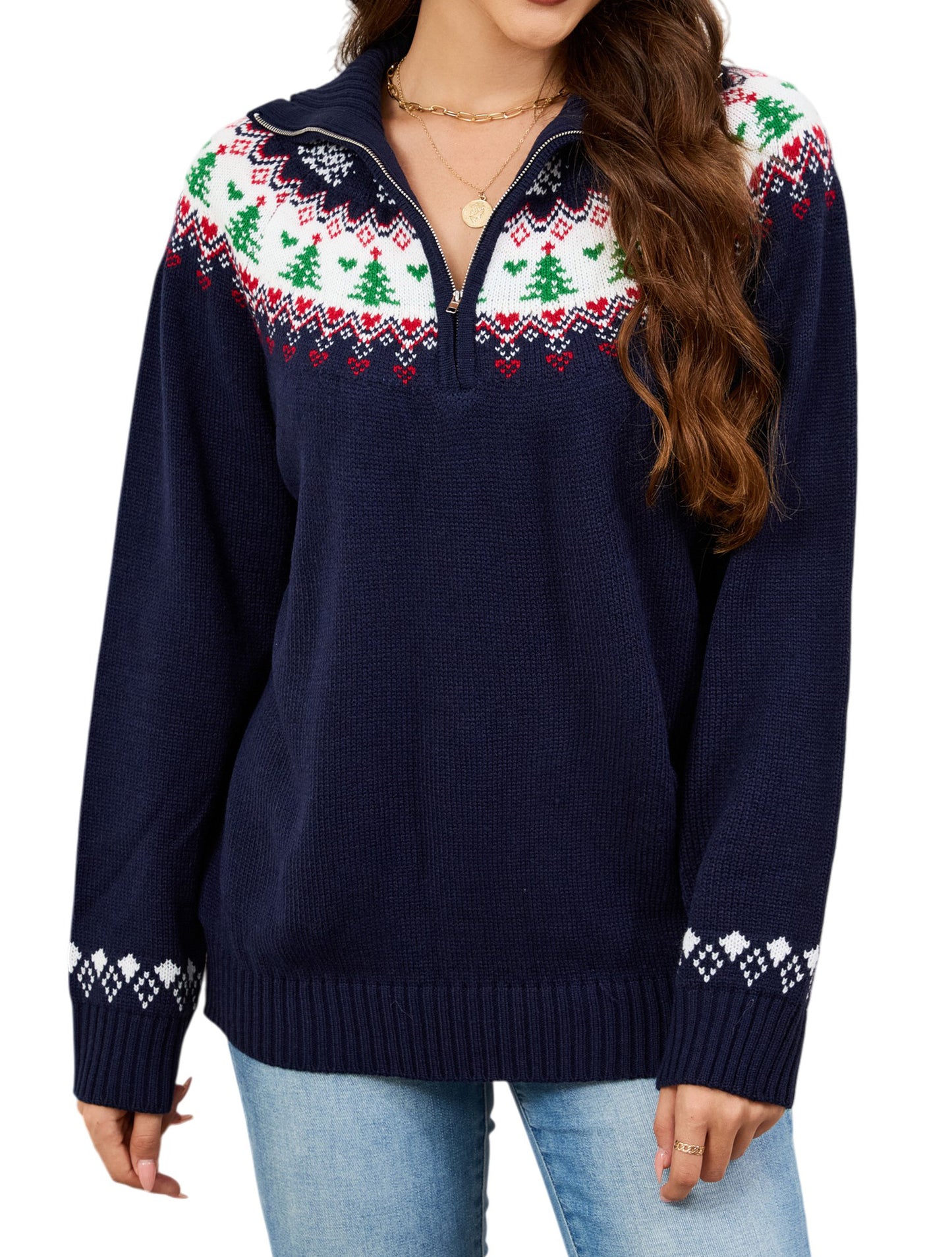 LUBOT Quarter Zip Ugly Christmas Sweater for Women 1/4 Zipper Cute Funny Tacky Holiday Parties Knitted Pullover Soft Cozy Xmas Sweaters, Pink Tree