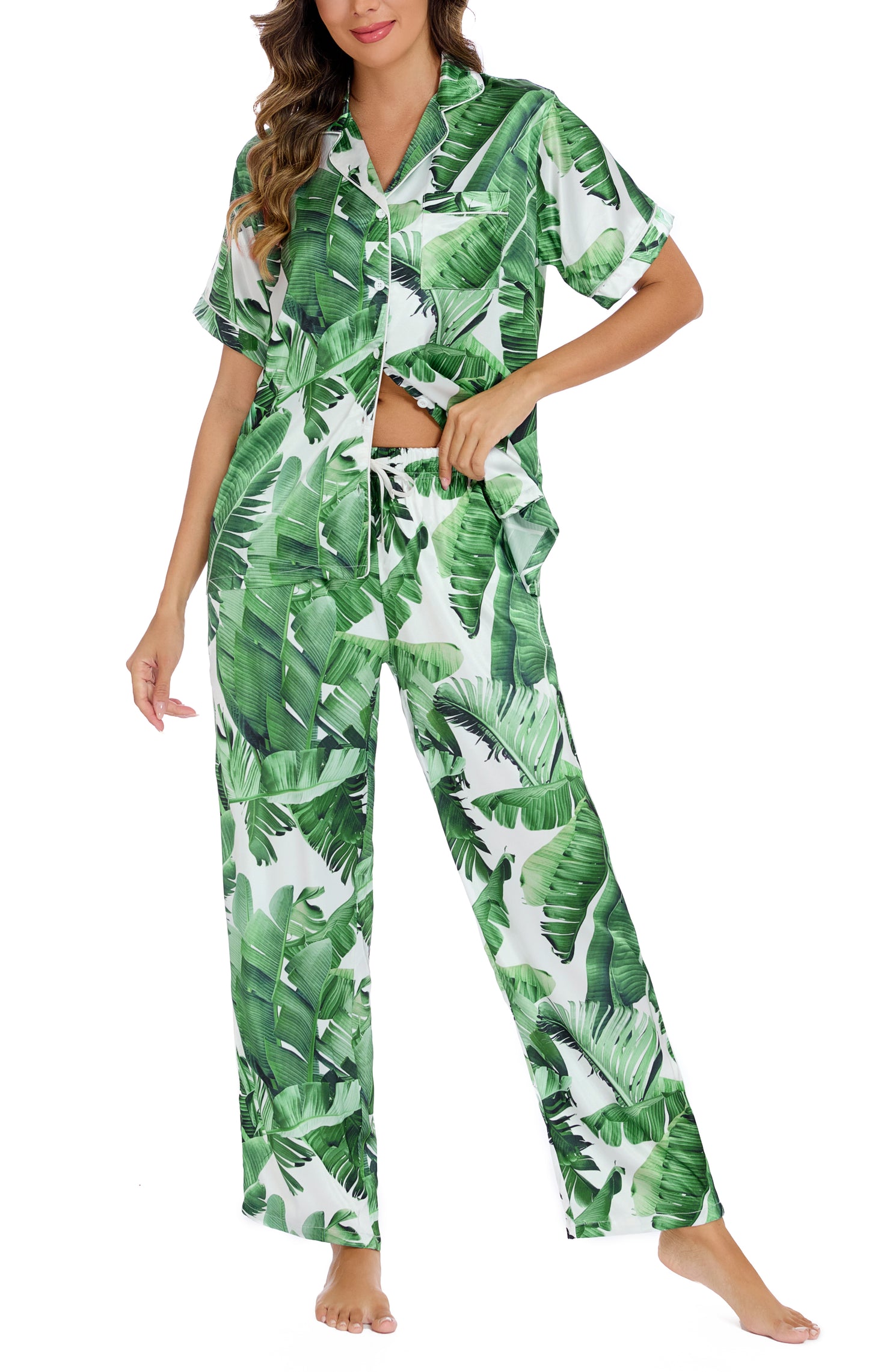 LUBOT 2026 Silk Pajamas for Women Satin Pajama Sets PJ 2 Piece Short Sleeve Long Pants Soft Button Down Loungewear Sleepwear