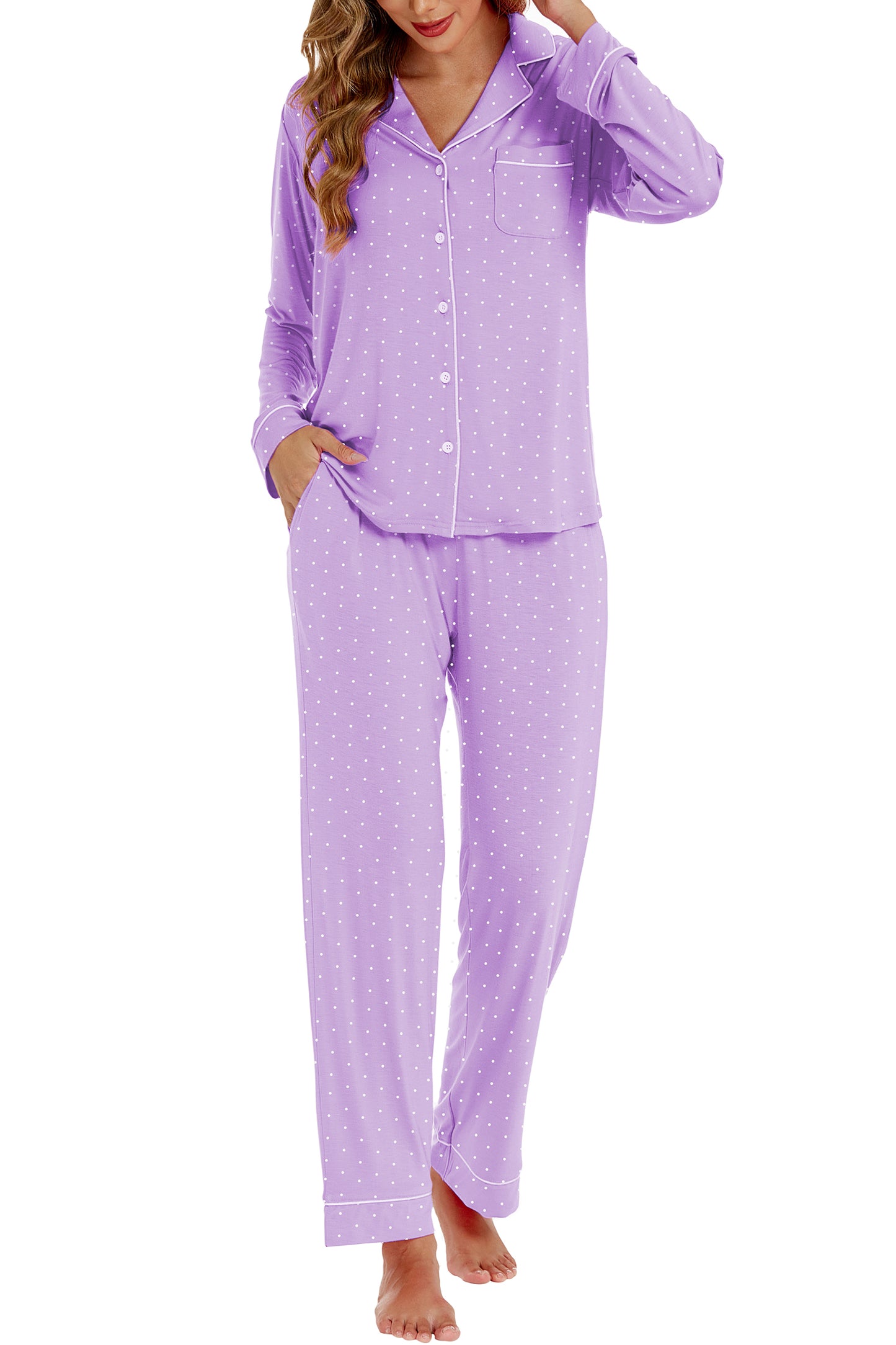 LUBOT Womens Bamboo Viscose Pajamas Set Cooling Super Soft 2 Piece PJ Set Button-Down Long Sleeve