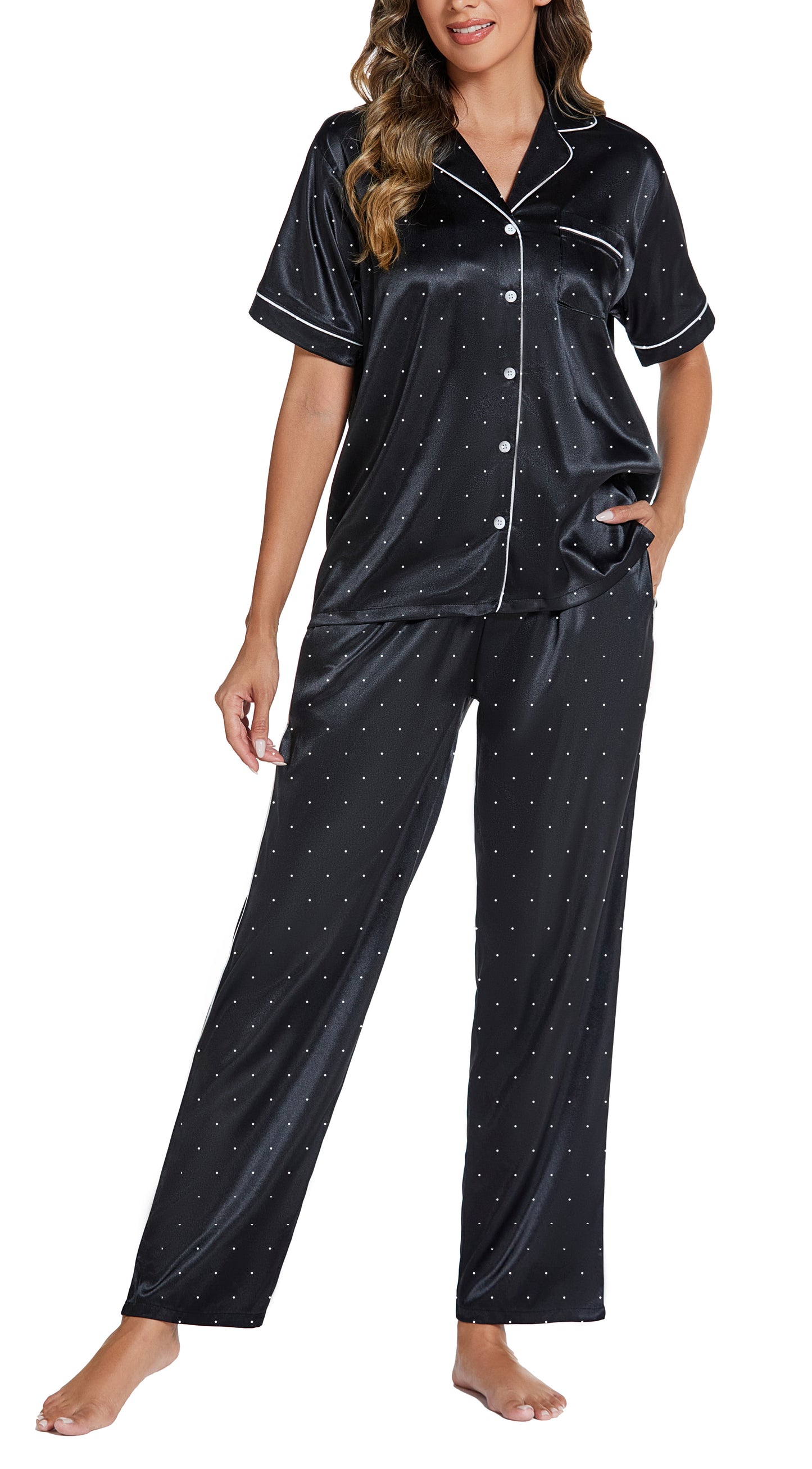 LUBOT 2026 Silk Pajamas for Women Satin Pajama Sets PJ 2 Piece Short Sleeve Long Pants Soft Button Down Loungewear Sleepwear