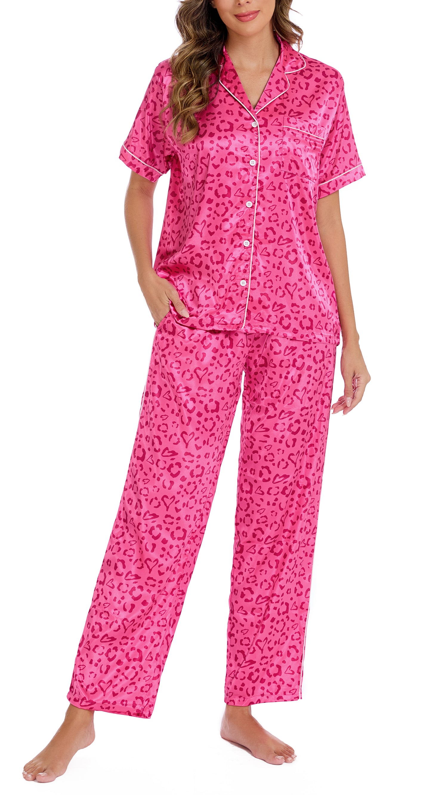 LUBOT 2026 Silk Pajamas for Women Satin Pajama Sets PJ 2 Piece Short Sleeve Long Pants Soft Button Down Loungewear Sleepwear