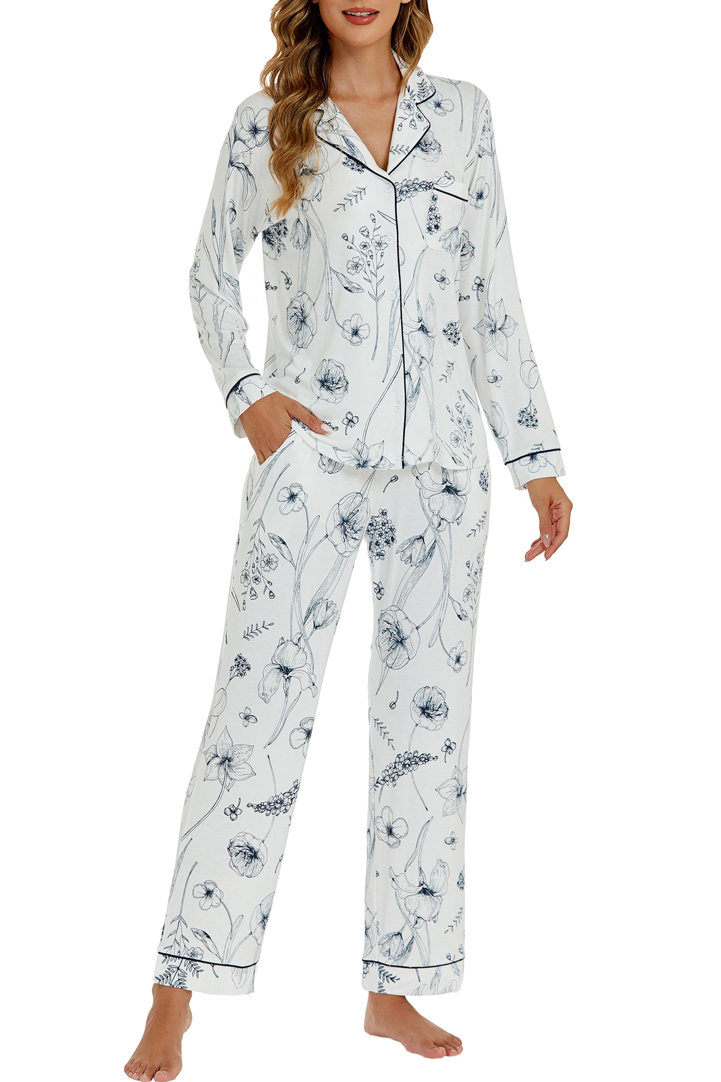 LUBOT Womens Bamboo Viscose Pajamas Set Cooling Super Soft 2 Piece PJ Set Button-Down Long Sleeve