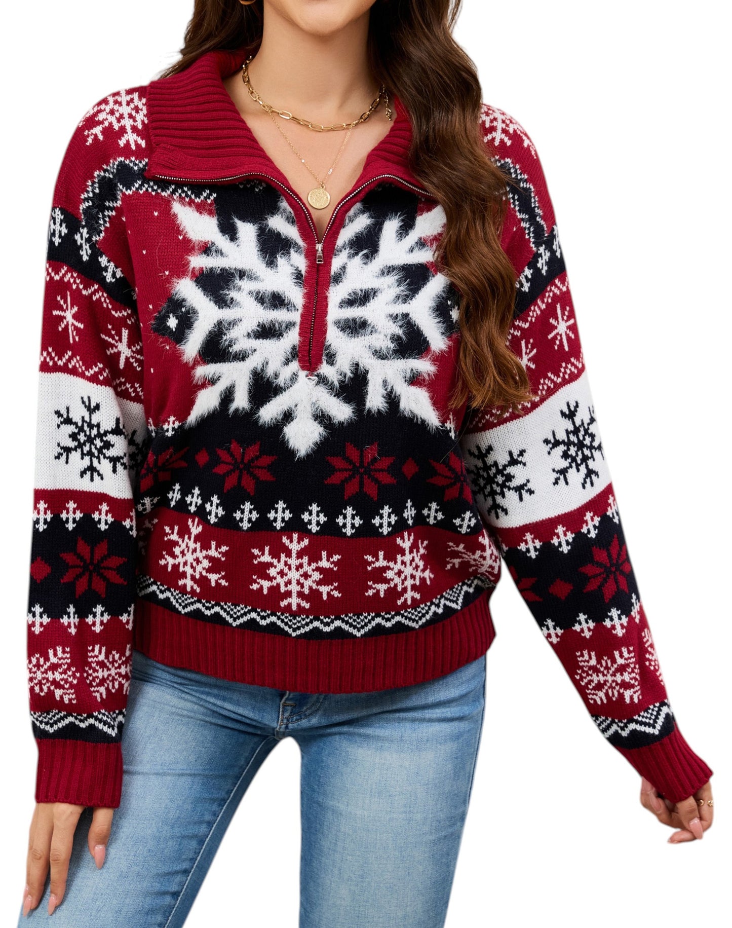 LUBOT Quarter Zip Ugly Christmas Sweater for Women 1/4 Zipper Cute Funny Tacky Holiday Parties Knitted Pullover Soft Cozy Xmas Sweaters, Blue Snowflake