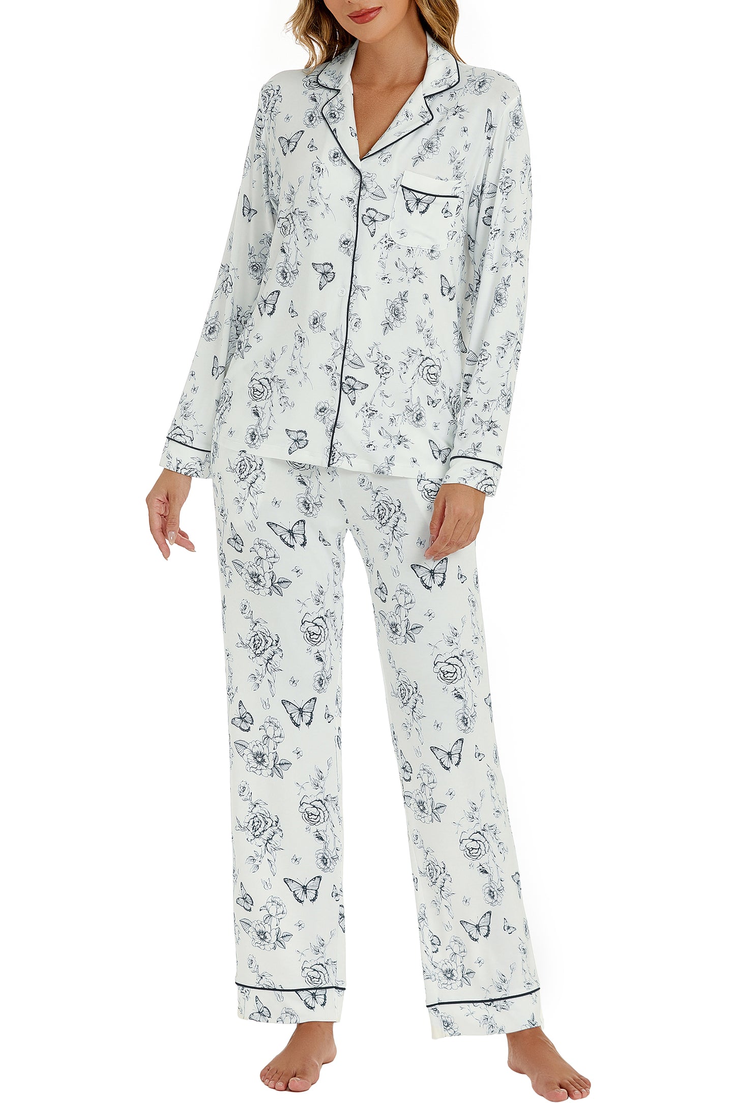 LUBOT Womens Bamboo Viscose Pajamas Set Cooling Super Soft 2 Piece PJ Set Button-Down Long Sleeve