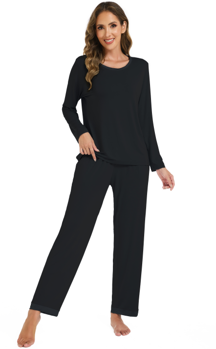 LUBOT 2025 New Bamboo Viscose Long Sleeve Cooling Lightweight Super Soft Soft Women's Pajama Sets Wicking Sleepwear Comfy Black
