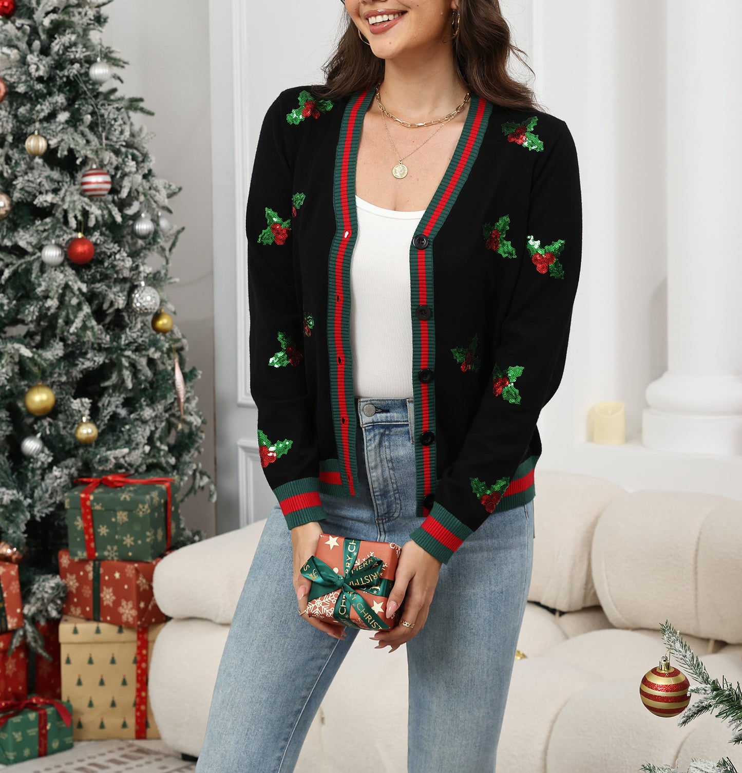 LUBOT Ugly Christmas Sweaters Cardigans for Women Soft Holiday Long Sleeve Wintertime Fuzzy Pullover Xmas Knit Sweaters