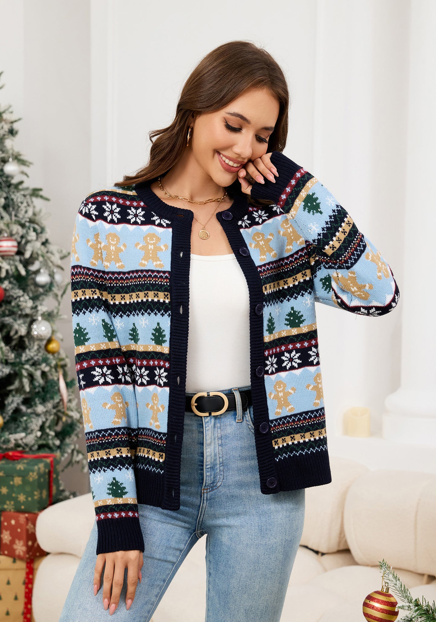 LUBOT Ugly Christmas Sweaters Cardigans for Women Soft Holiday Long Sleeve Wintertime Fuzzy Pullover Xmas Knit Sweaters