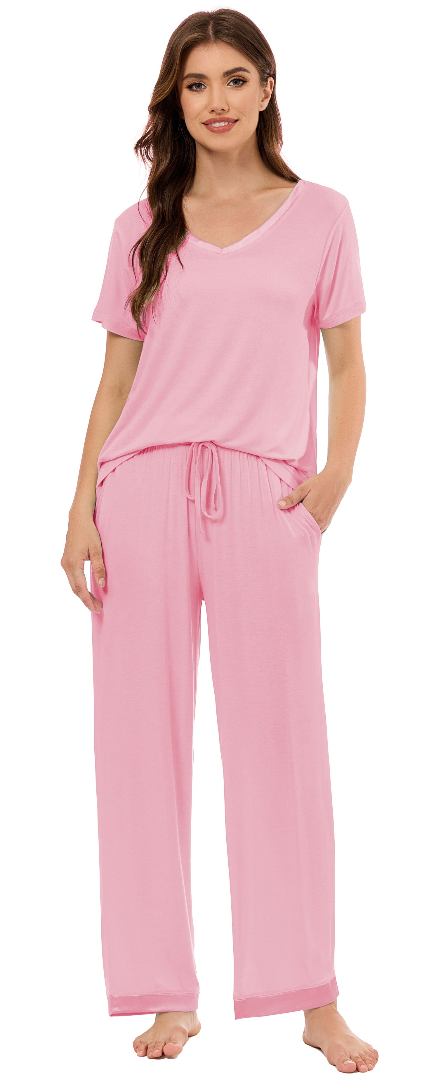 LUBOT Bamboo Viscose Pajamas for Women Soft Breathable Cooling Womens Pajama Set Two Piece PJ Sets Short Sleeve Pants Loungewear Nightwear Sleepwear