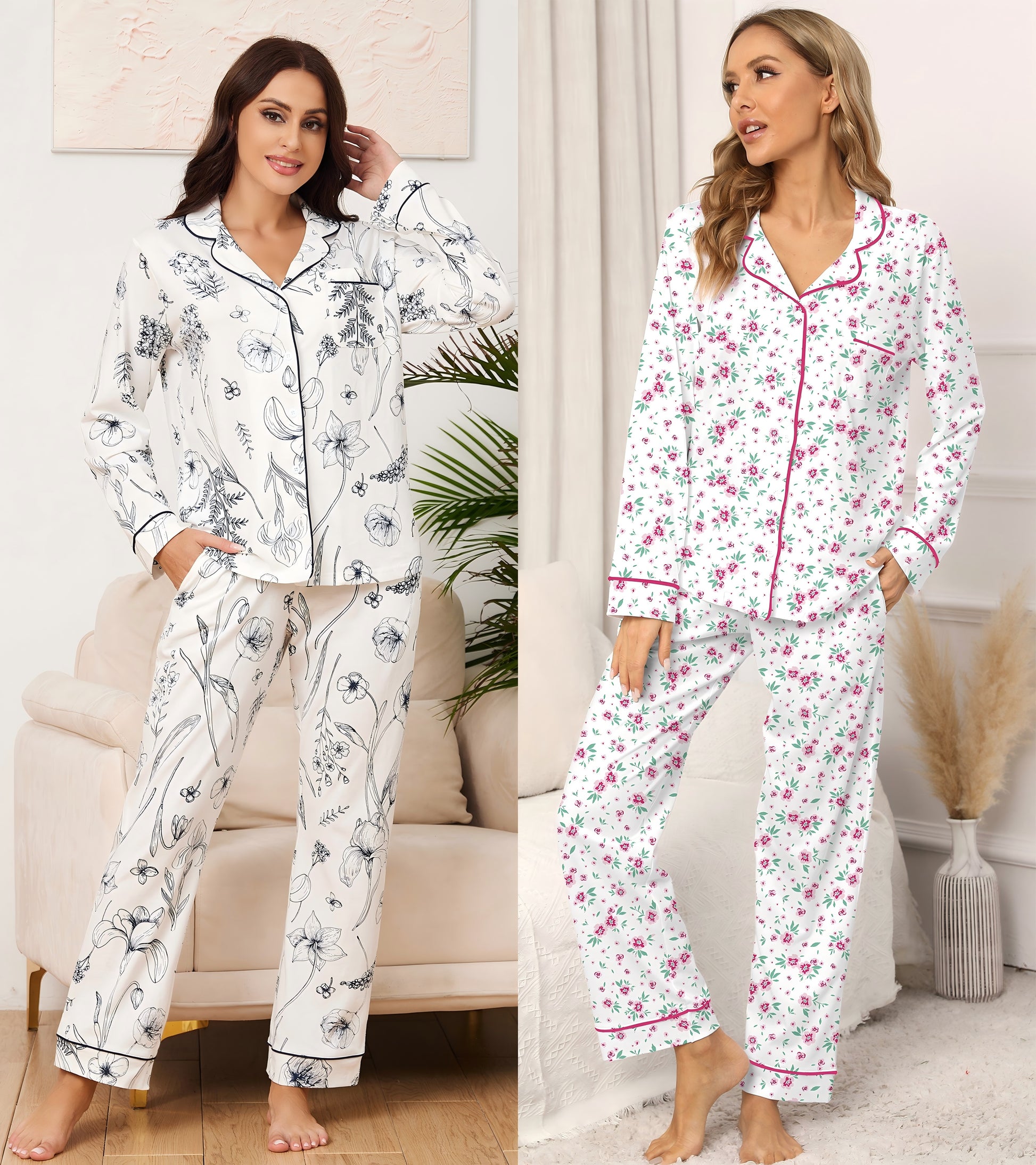 LUBOT Lange pyjama voor dames, 100% katoen, pyjamaset met knoopsluiting, zacht en licht, 2-delige pyjama voor thuis, loungewear, Roze, S LUBOT Lange pyjama voor dames, 100% katoen, pyjamaset met knoopsluiting, zacht en licht, 2-delige pyjama voor thuis, loungewear, Roze, S