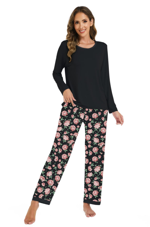 LUBOT 2026 New Bamboo Viscose Long Sleeve Cooling Lightweight Super Soft Soft Women's Pajama Sets Wicking Sleepwear Comfy Black