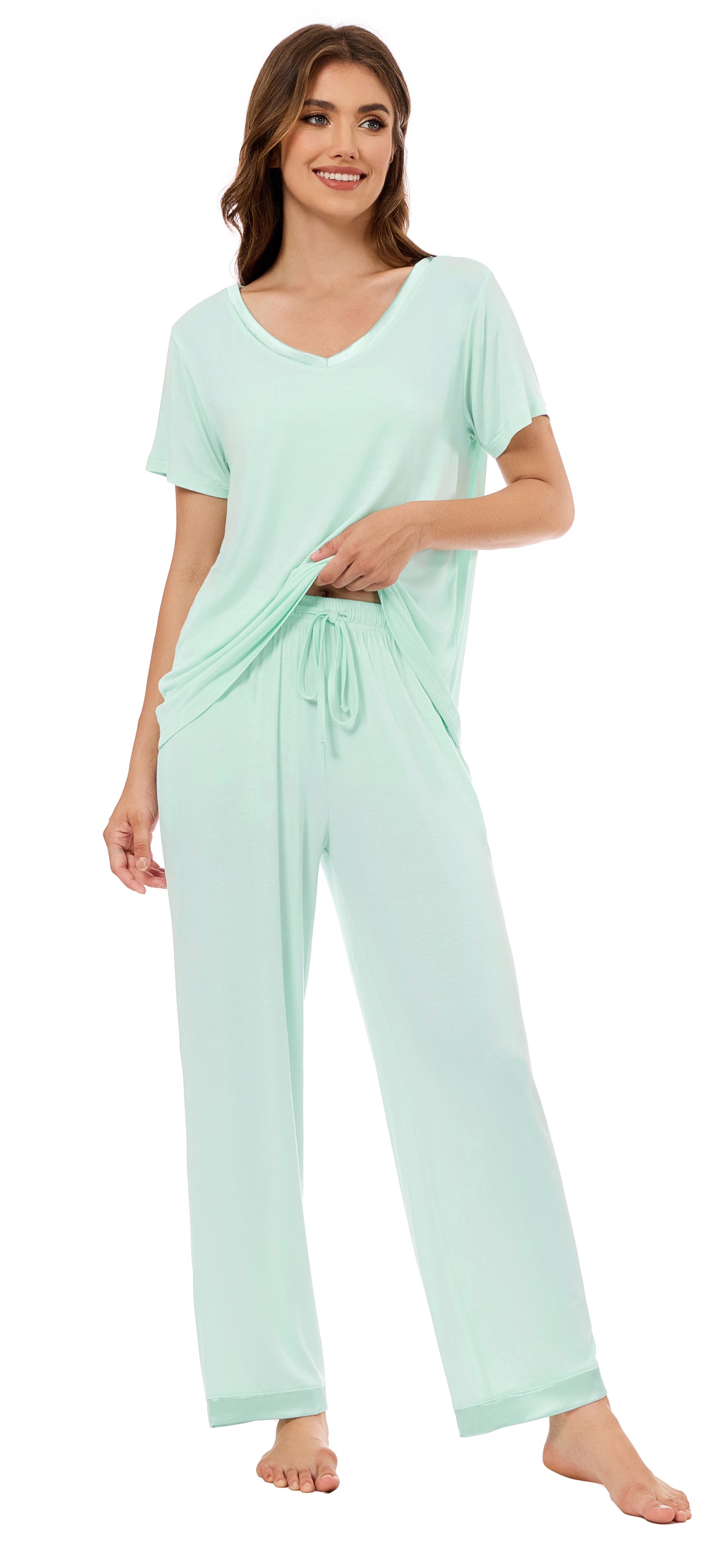LUBOT Bamboo Viscose Pajamas for Women Soft Breathable Cooling Womens Pajama Set Two Piece PJ Sets Short Sleeve Pants Loungewear Nightwear Sleepwear