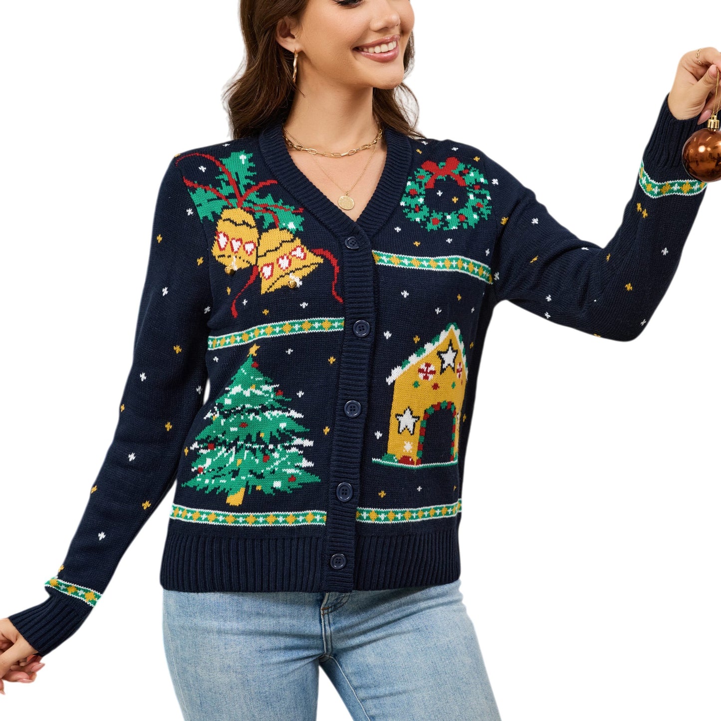 LUBOT Ugly Christmas Sweaters for Women Cute Fuzzy Funny Retro Wintertime Holiday Parties Knitted Casual Cardigan Sweater