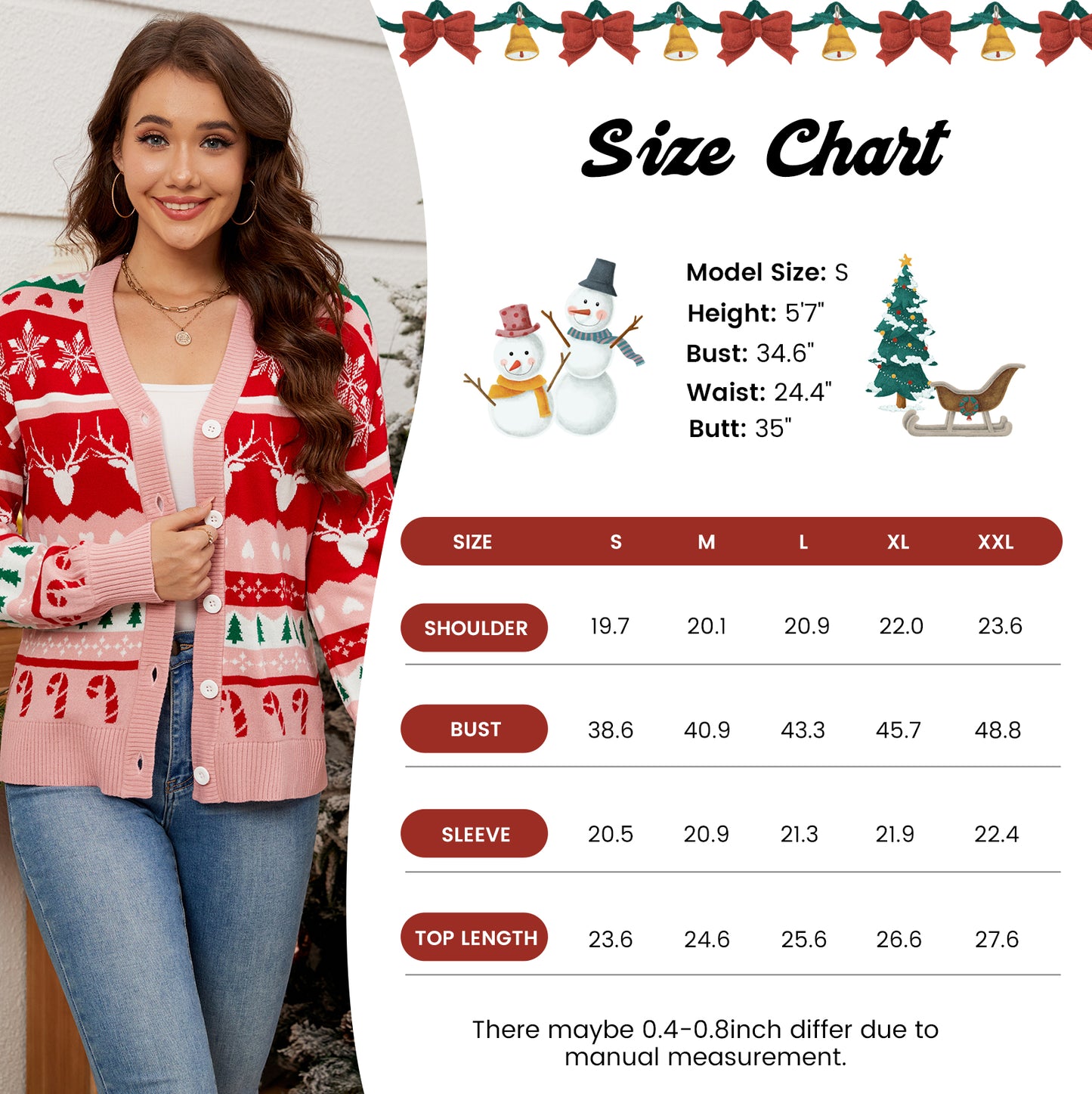LUBOT Ugly Christmas Sweaters Cardigans for Women Soft Holiday Long Sleeve Wintertime Fuzzy Deer Pink Xmas Knit Sweaters