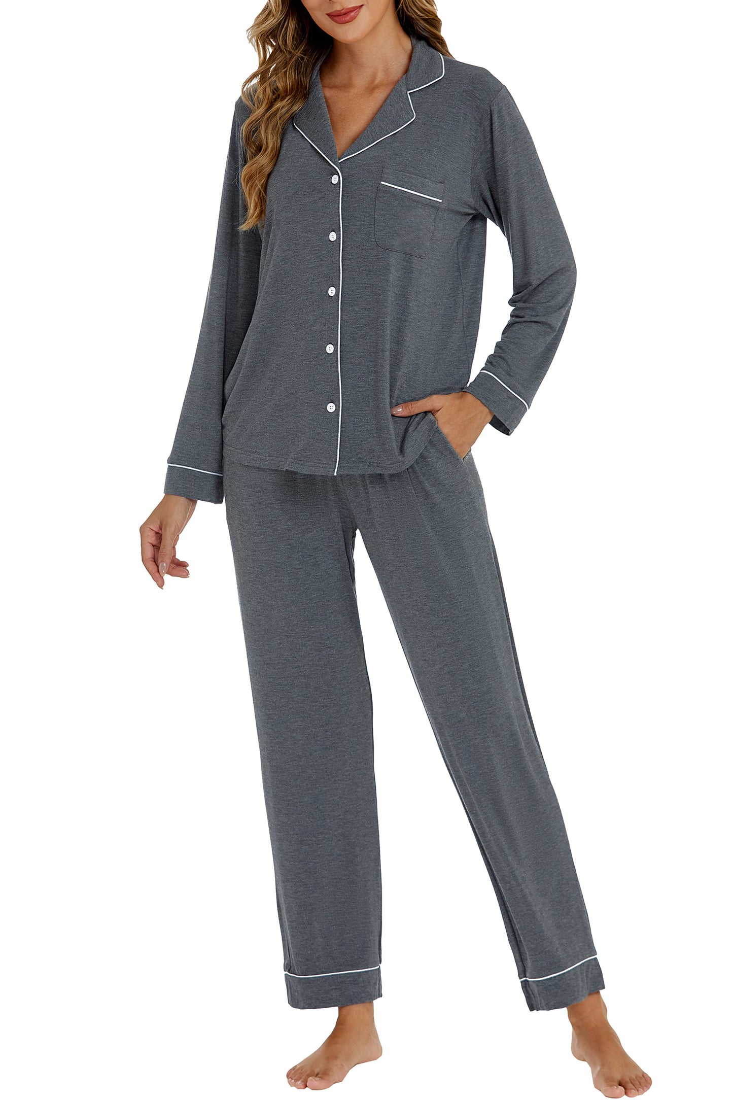 LUBOT Womens Bamboo Viscose Pajamas Set Cooling Super Soft 2 Piece PJ Set Button-Down Long Sleeve