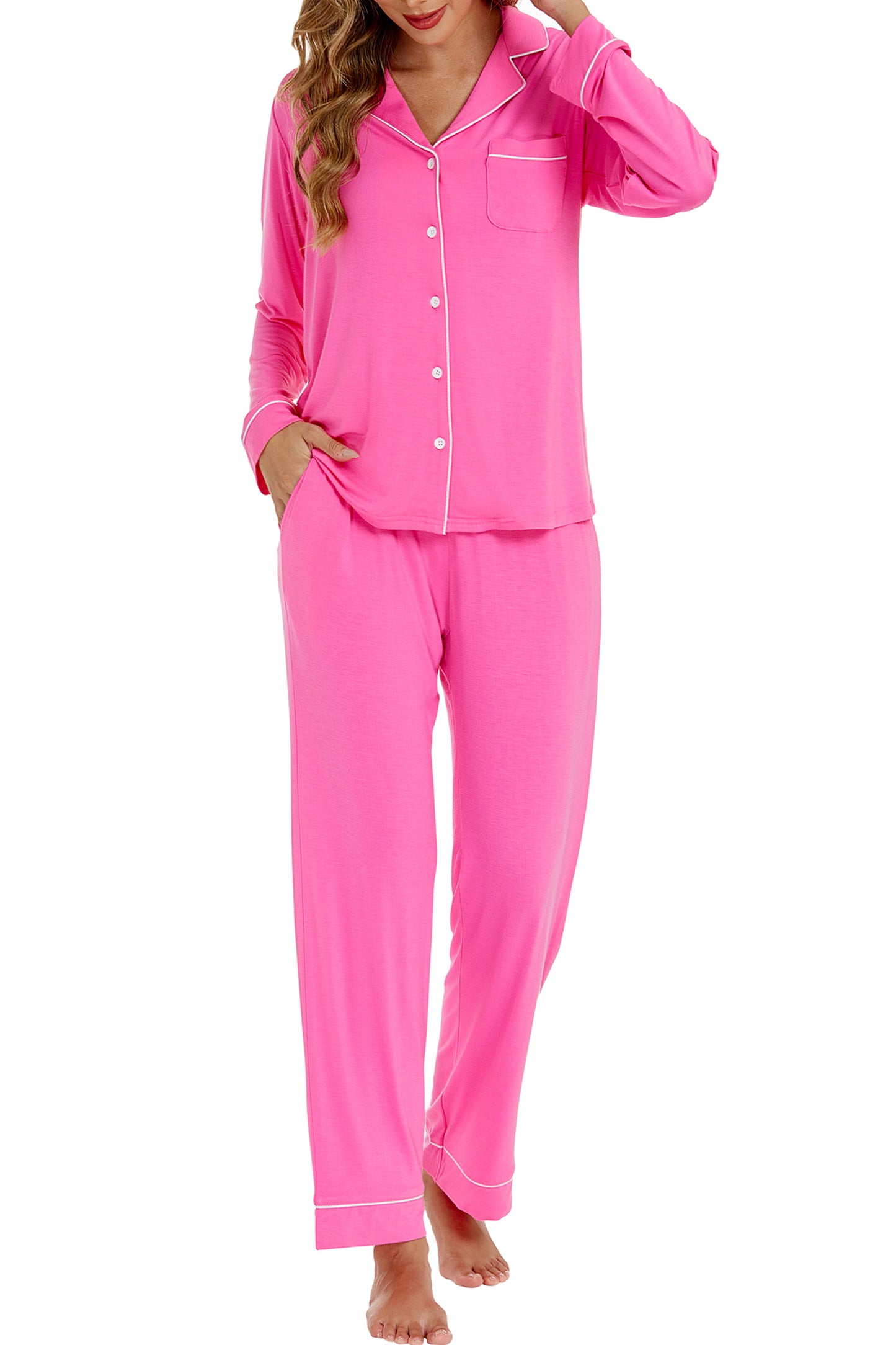 LUBOT Womens Bamboo Viscose Pajamas Set Cooling Super Soft 2 Piece PJ Set Button-Down Long Sleeve