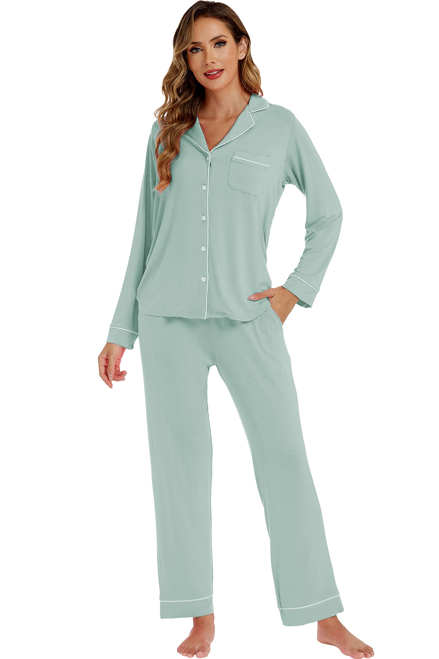 LUBOT Womens Bamboo Viscose Pajamas Set Cooling Super Soft 2 Piece PJ Set Button-Down Long Sleeve