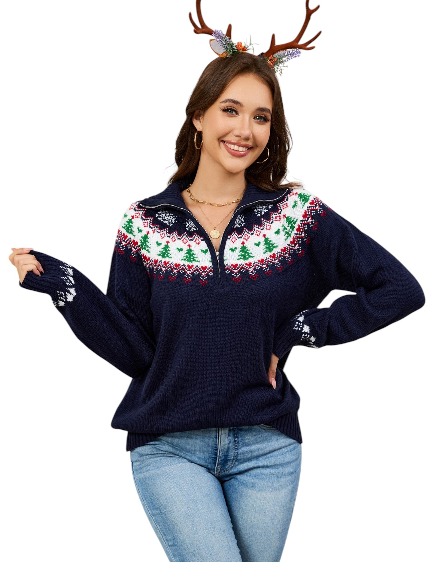 LUBOT Quarter Zip Ugly Christmas Sweater for Women 1/4 Zipper Cute Funny Tacky Holiday Parties Knitted Pullover Soft Cozy Xmas Sweaters, Pink Tree