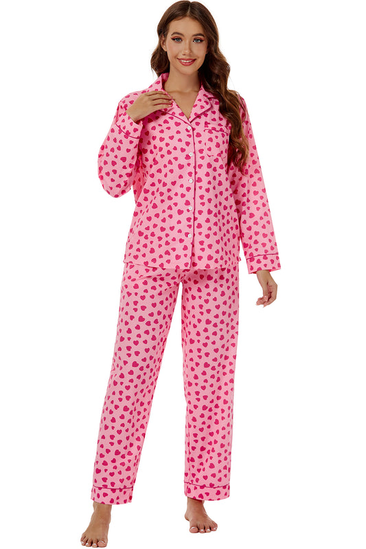 LUBOT 100% Cotton Pajamas for Women 2 Piece PJ Set Woven Poplin Ladies Button Down Long Sleeve Printed Sleepwear
