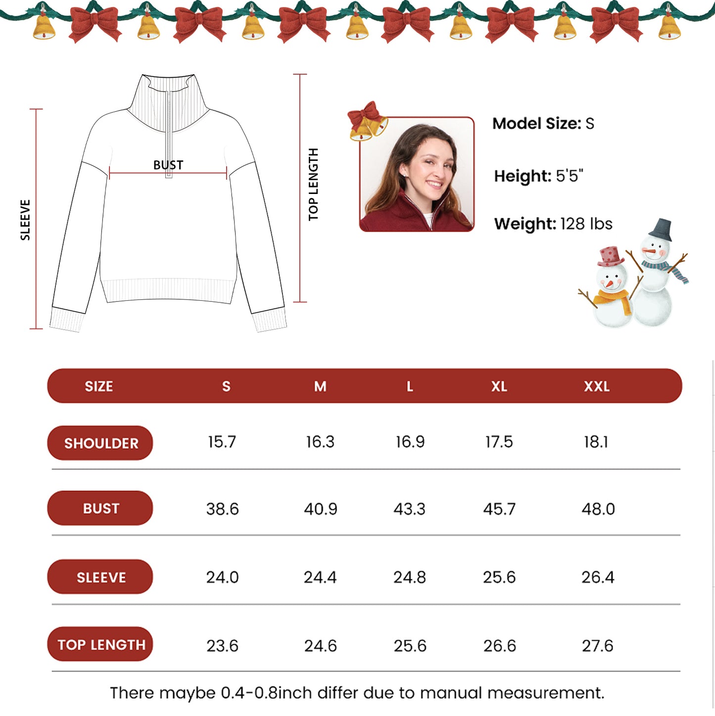 LUBOT Quarter Zip Ugly Christmas Sweater for Women 1/4 Zipper Cute Funny Tacky Holiday Parties Knitted Pullover Soft Cozy Xmas Sweaters, Red Snowflake