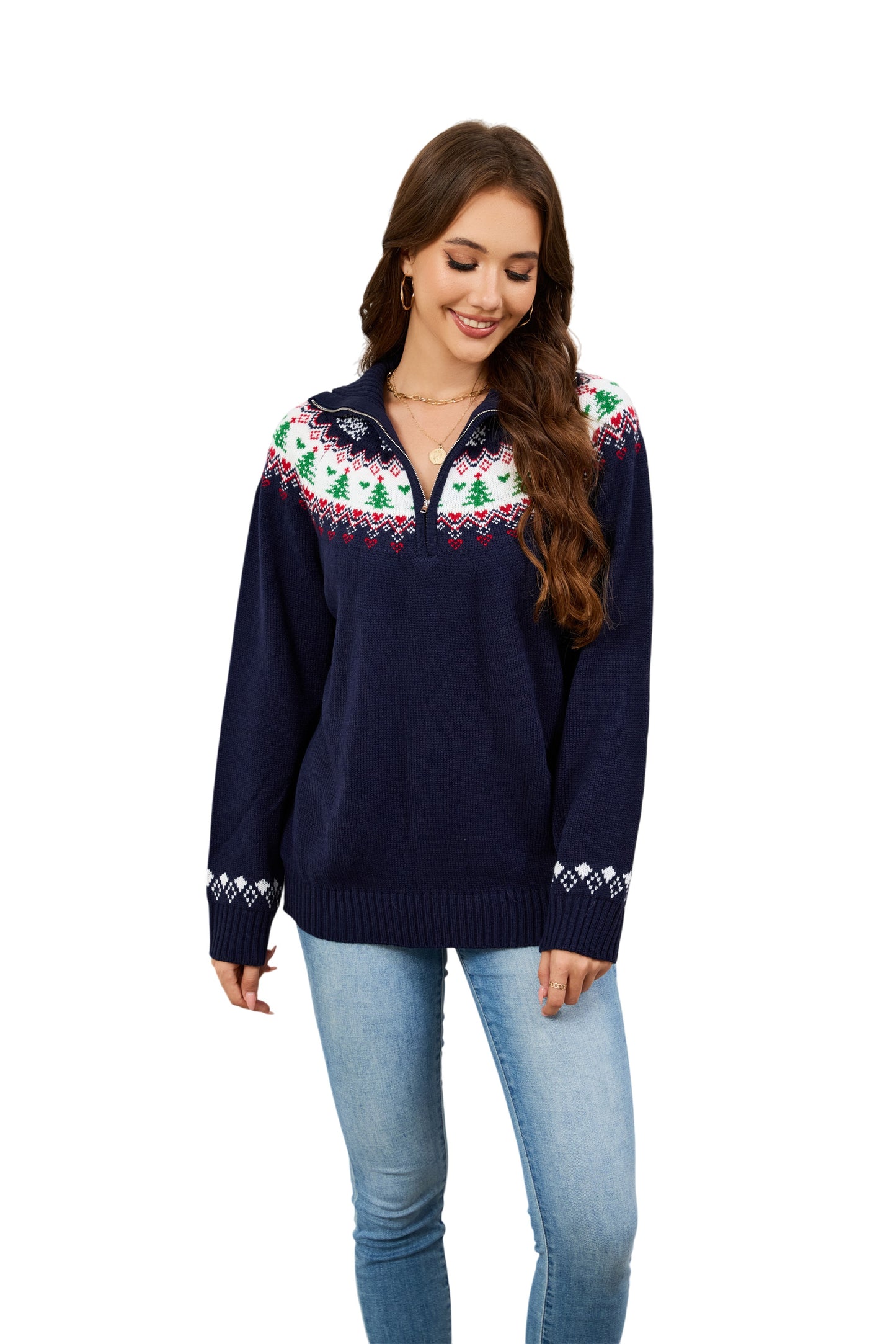 LUBOT Quarter Zip Ugly Christmas Sweater for Women 1/4 Zipper Cute Funny Tacky Holiday Parties Knitted Pullover Soft Cozy Xmas Sweaters, Pink Tree