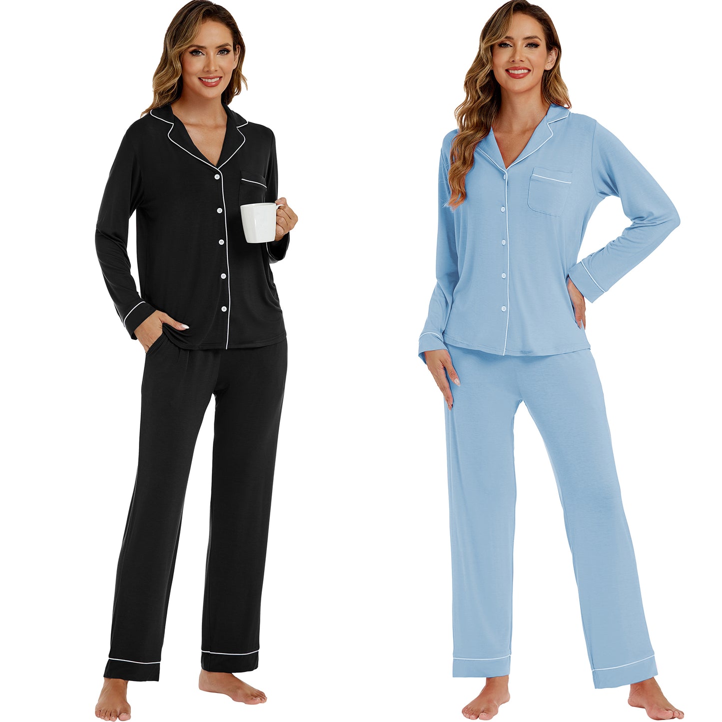 LUBOT Womens Bamboo Viscose Pajamas Set Cooling Super Soft 2 Piece PJ Set Button-Down Long Sleeve